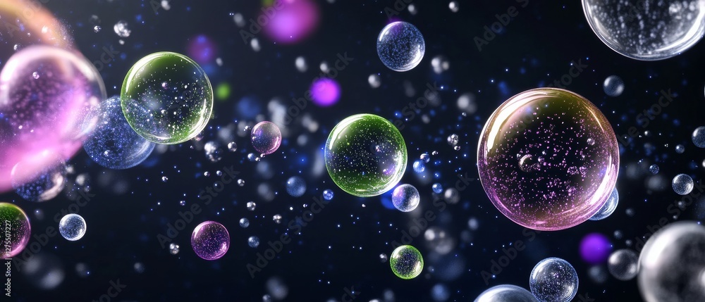 Poster a vibrant display of colorful bubbles floating in a dark background, creating a mesmerizing and drea