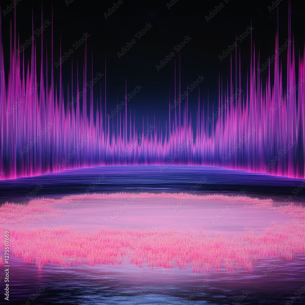 Poster an abstract digital visualization featuring vibrant pink and blue waves, creating a rhythmic soundwa