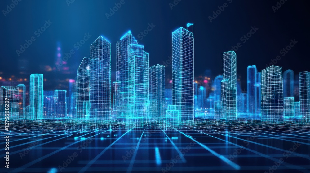 Poster futuristic cityscape with neon grid and digital architecture design