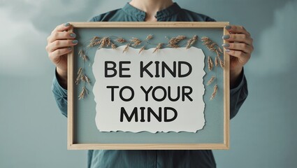 Man Holding Poster "Be Kind to Your Mind" Against Grey Wall