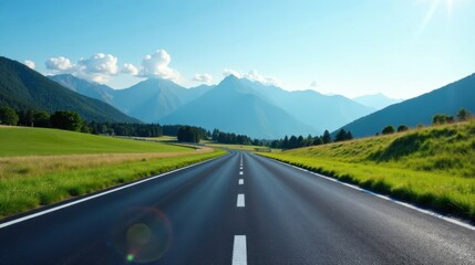 Asphalt ribbon unwinding towards a majestic mountain range under a serene summer sky, promising adventure and scenic exploration