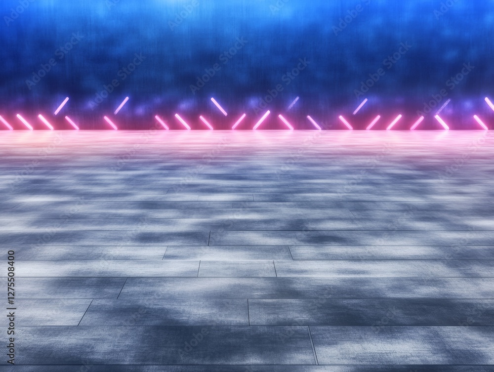 Poster a vibrant, illuminated floor scene featuring dynamic lighting effects with a smooth, reflective surf