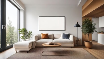 Modern Living Room Mockup Frame Vibrant, Minimalistic Interiors Bathed in Natural Light with Bold Accents, Perfect for Home Decor or Digital Art.