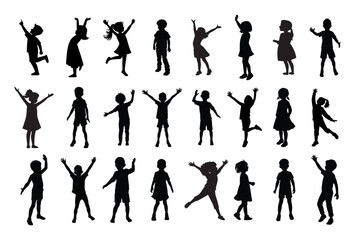 Children Silhouette Vector Collection. Boys, Girls, Play, Walk And Interact. Child Activities, Isolated On white Background.