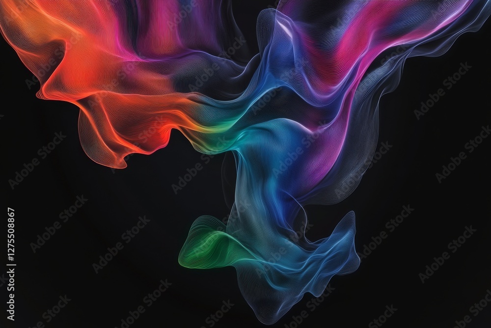 Poster a vibrant swirl of colorful, flowing waves against a dark background, creating a dynamic, abstract v