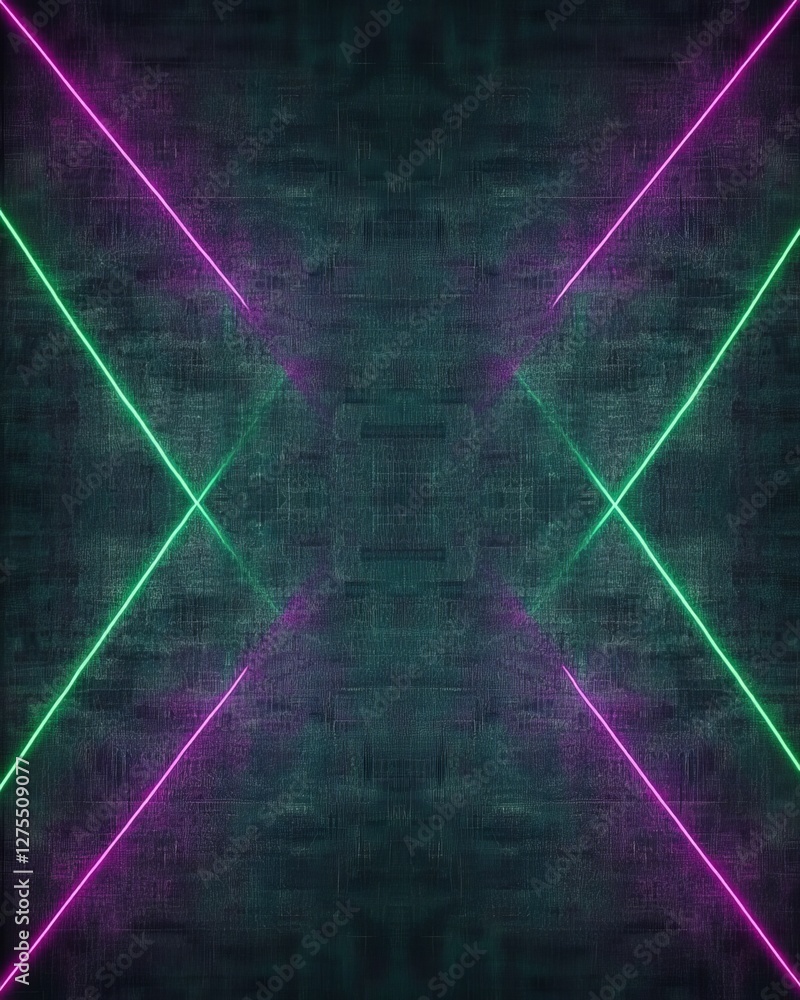 Poster abstract digital design featuring intersecting neon green and pink lines on a dark textured backgrou