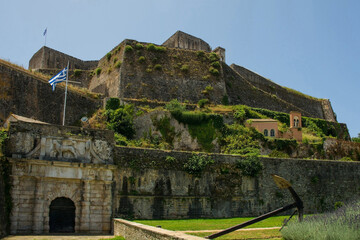 The New Venetian Fortress in Corfu Old Town, Greece. This 16th century fortification is also known as the New Fortress, the Venetian Fortress and the Venetian Barracks. Old Anchor and entrance  gate. 
