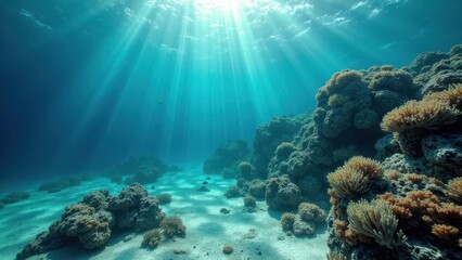 Fototapeta premium Bleached coral reef underwater with sunlight rays illuminating the seabed 