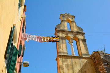 The Panagia Hodegetria Church on Agias Sofias Street in the historic centre of Corfu Old Town, Greece. Also known as the Bombed Church, severely damaged in WWII, leaving only outer walls. UNESCO WHS