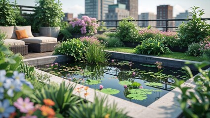 Fototapeta premium Relaxation Area with Soft Chairs, Greenery, and Small Pool Against Skyscrapers