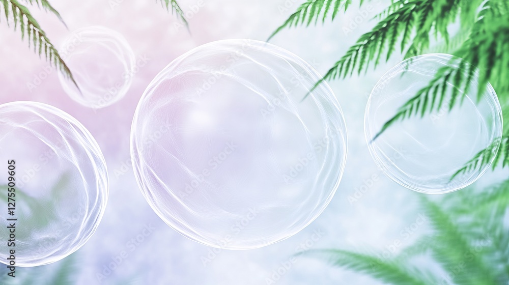 Poster a serene background featuring soft bubbles and lush green ferns, creating a calming and ethereal atm