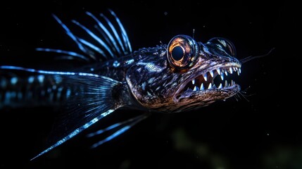 A dragonfish with sharp, illuminated teeth stalking prey in the inky blackness