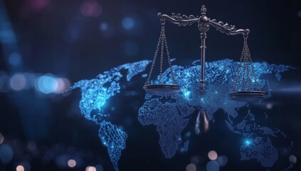 Global Justice Scales of Justice over digital world map (1)