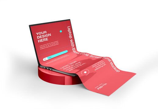 Realistic laptop on black podium with restaurant menu scrolling screen on grey background for presenta