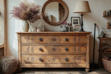 Rustic wooden dresser with carved floral patterns, six drawers, centered in room against off-white wall, with mirror, vase of dried flowers, floor lamp, cosmetics stand, and rug.