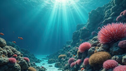 Obraz premium Bleached coral reef underwater with sunlight rays illuminating the seabed 