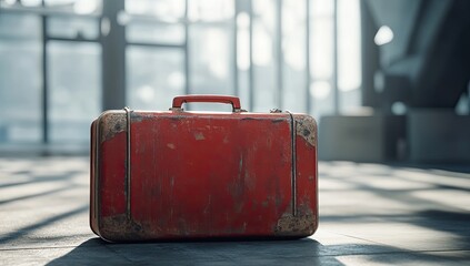Rusty red suitcase at modern station