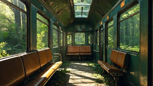 Video footage of abandoned train car overgrown with plants, sunlight streaming through windows and roof, creating a serene, nostalgic atmosphere