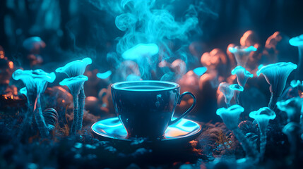 of coffee surrounded by luminescent fungi that filter the air and enhance the aroma, creating an immersive drinking experience 