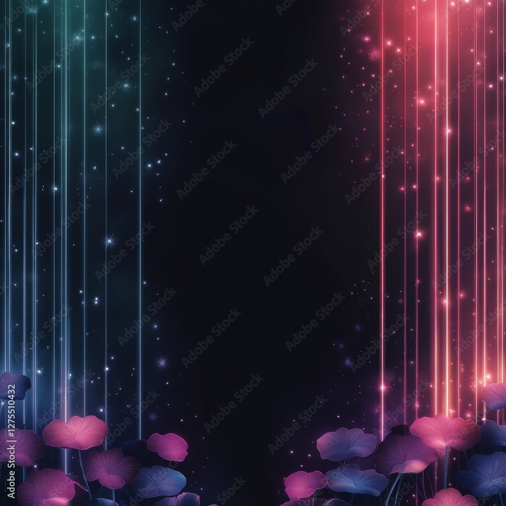 Poster a vibrant, abstract background featuring glowing lines and colorful flowers, creating a mystical and