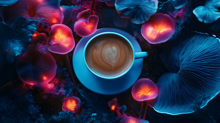 of coffee surrounded by luminescent fungi that filter the air and enhance the aroma, creating an immersive drinking experience 