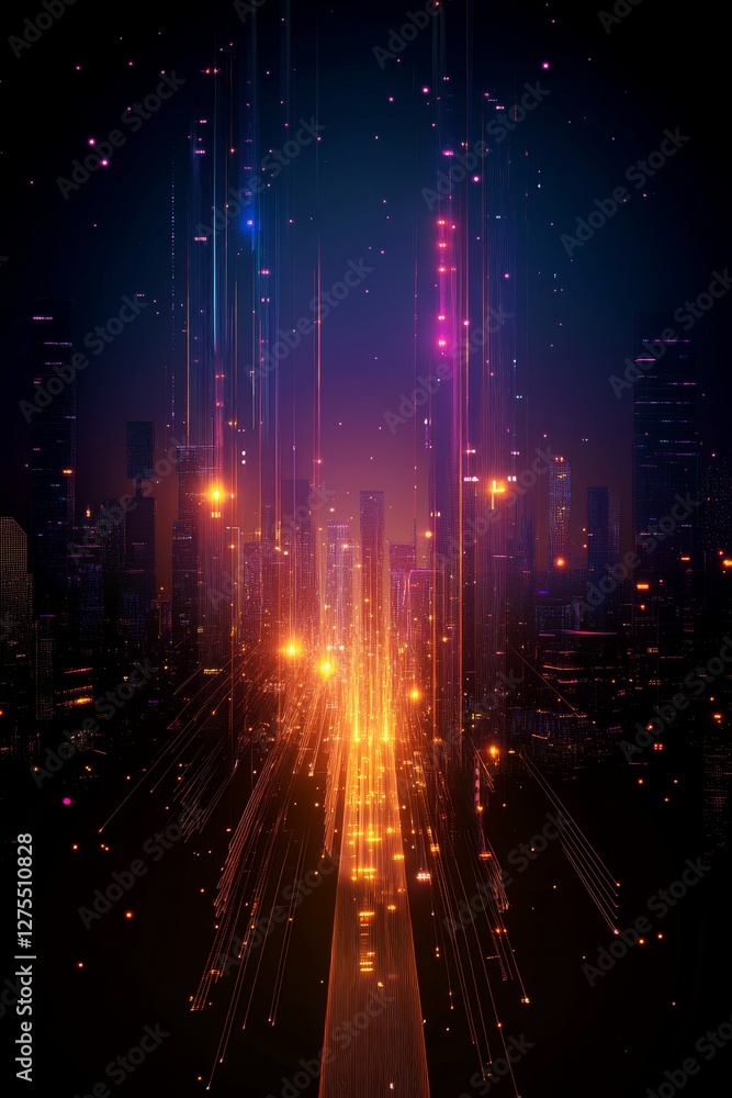 Poster a mesmerizing view of a futuristic cityscape illuminated by vibrant lights, creating a sense of dept