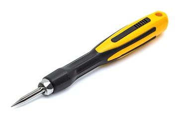 Fototapeta premium Precision Engineering: Vibrant Yellow and Black Satin Screwdriver, Isolated on White. Perfect for tool websites, repair manuals, DIY projects, mechanics, hardware stores, engineering blogs, and 