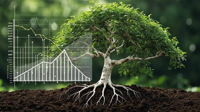 Video footage of tree with visible roots grows from soil, with a transparent graph overlay showing data trends, symbolizing growth and analysis