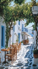 Fototapeta premium Sunny Greek Island Street Cafe
