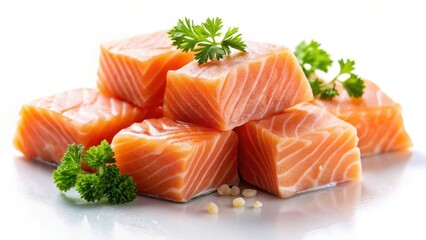 Fresh Raw Salmon Cubes with Herbs on White Background