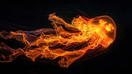 A glowing atolla jellyfish spinning as it floats through the darkness