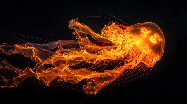 A glowing atolla jellyfish spinning as it floats through the darkness