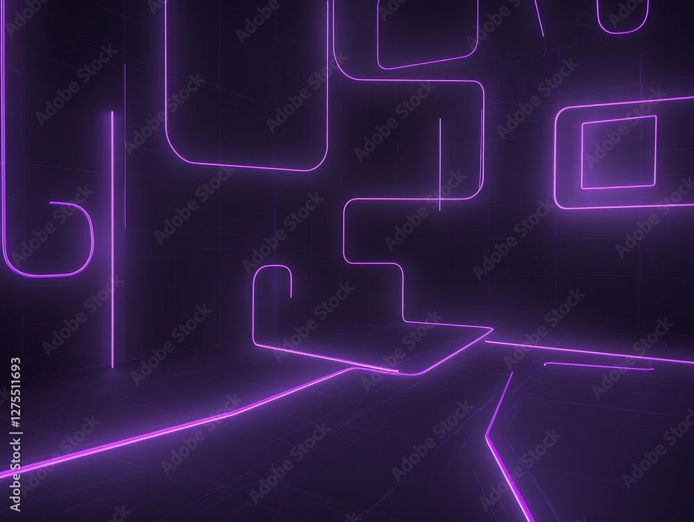 Poster a dark, futuristic space illuminated by glowing purple lines, creating an abstract and modern atmosp