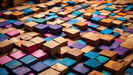 A colorful arrangement of small, rectangular wooden blocks,