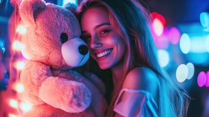 Young Woman Smiling with a Teddy Bear in Colorful Night Lights
