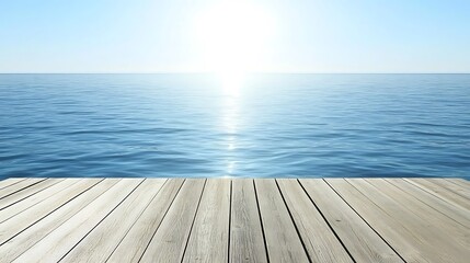 Fototapeta premium Wooden Deck Overlooking Calm Ocean Water Under Sunny Skies