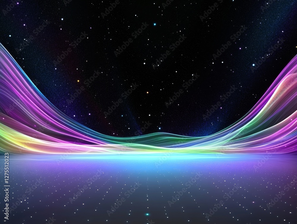 Poster a vibrant, abstract landscape featuring colorful waves and a starry background, creating a mesmerizi