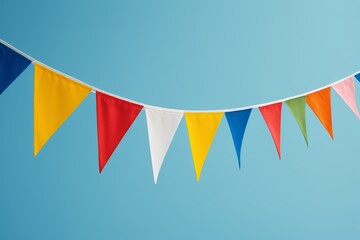 there are many flags hanging from a string on a blue sky