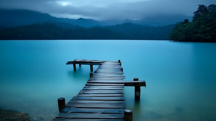 Obraz premium Serene Wooden Dock Extending to Tranquil Lake Mountains