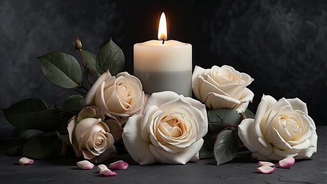 "White Candle with Roses and Flower Petals: Funeral Memorial, Sympathy, and Condolence Card for Death Notice"