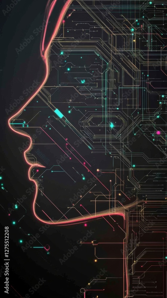 Poster a digital silhouette of a human profile, overlaid with circuit patterns and glowing elements, sugges