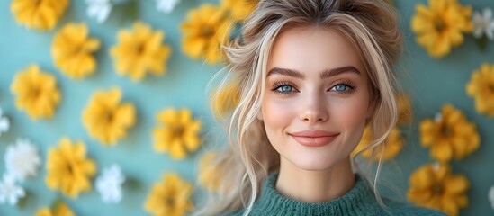 Fototapeta premium Portrait of smiling young man with flower background