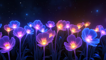 Ein digitaler fraktaler Garten, in dem leuchtende, biolumineszierende Blumen in komplizierten mathematischen Mustern blühen. Jede Blume pulsiert in leuchtenden Farben. KI Generated