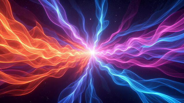 Eine faszinierende Explosion wirbelnder Neonlichter, die an eine außerweltliche Aurora Borealis erinnert. Die Farben verschmelzen  wie flüssiges Feuer und bilden komplizierte muster.KI Generated