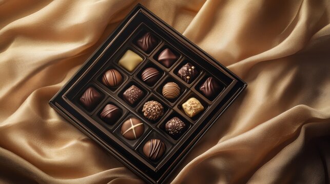 Assorted Chocolate Bonbons in Elegant Box on Silk Fabric Background