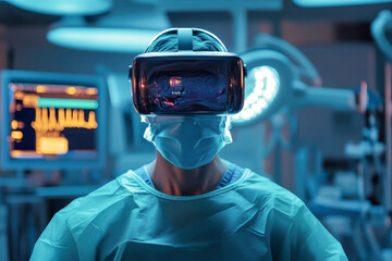 Surgeon utilizes virtual reality for meticulous surgical planning in a cutting-edge medical setting with holographic visuals