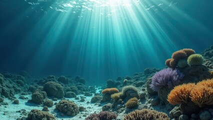 Fototapeta premium Underwater coral reef affected by coral bleaching with sunlight filtering in 