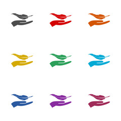 Lightweight Feather on Hand icon isolated on white background. Set icons colorful