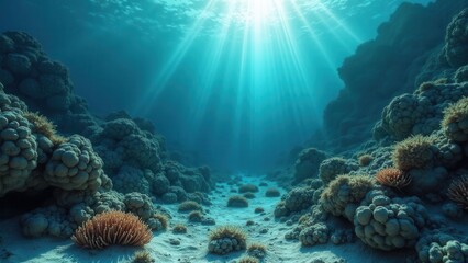Naklejka premium Underwater coral reef affected by coral bleaching with sunlight filtering in 