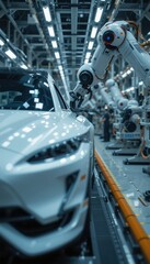 In a high-tech automotive factory, advanced robots meticulously assemble a sleek white car on an efficient production line, showcasing modern engineering and innovation